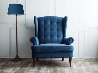 Classic blue armchair in classic interior with floor lamp