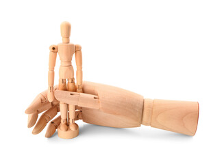 Wooden hand with mannequin isolated on white background