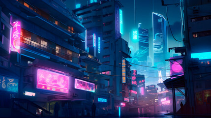 Fototapeta na wymiar A futuristic, cyberpunk-inspired cityscape at night, with neon lights and holographic advertisements glowing brightly. Cyberpunk background and desktop 4k wallpaper. 