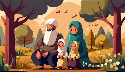 Muslim families on Eid Mubarak wish the background, Generative AI