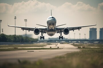 Naklejka na ściany i meble Airplane taking off from the airport. Generative AI
