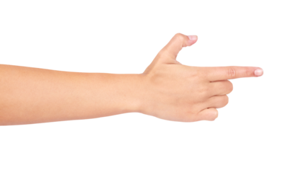 Hand, finger and pointing woman with a gun direction and gesture. Hands, icon and emoji with a female person showing shooting sign and shooter target with isolated on a transparent png background