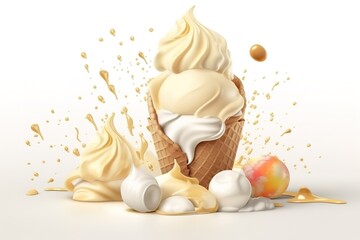 Melting Vanilla ice cream. Key visual advertising design elements on white background. Generative Ai