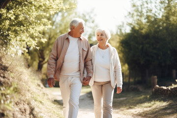 Fototapeta premium Happy Senior Couple Walking Together, on a Sunny Day. High Quality Generative AI