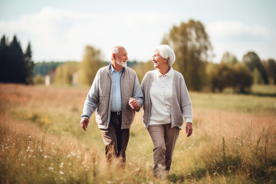 Happy Senior Couple Walking Together, on a Sunny Day. High Quality Generative AI