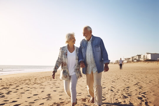 Happy Senior Couple Walking Together, on a Sunny Day. High Quality Generative AI
