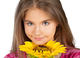 Cute little girl with sunflower on white