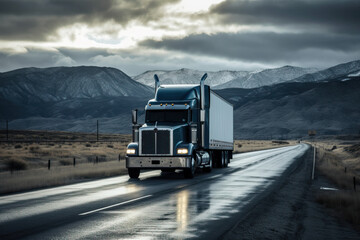 Semi truck goes on an weet asphalt road, through a wonderful landscape, Generative AI