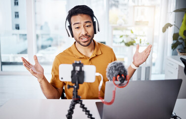 Podcast, explain and influencer with a man content creator recording a broadcast in his home...