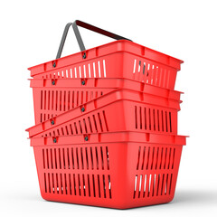 Stack of plastic basket from supermarket for online shopping on white background