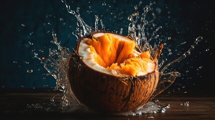 Fototapeta na wymiar Board with fresh coconut close up view, drops water. Generative AI