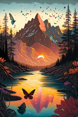 Surreal sunset landscape with floating mountains, crystal-clear river, vibrant trees, hovering water droplet, and colorful butterflies.