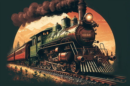 Vintage steam train, sketch, illustration generative AI