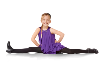 Dance, split and portrait of child on png background for flexibility, stretching and ballet. Happy, contemporary and creative with young girl isolated on transparent for practice, energy and fitness