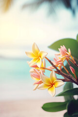 Branch of frangipani - plumeria - flowers on tropical beachfront, closeup, with copy space - 594085462