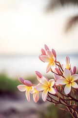 Branch of frangipani - plumeria - flowers on tropical beachfront, closeup, with copy space - 594085492