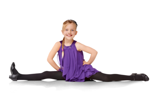 Dance, split and portrait of child on png background for flexibility, stretching and ballet. Happy, contemporary and creative with young girl isolated on transparent for practice, energy and fitness