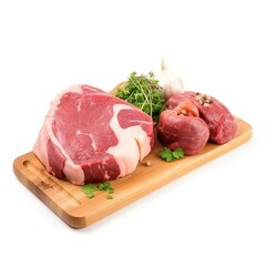 Raw beef on cutting board on white background
