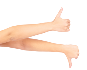Thumbs up, down and hands of model woman for png, isolated and transparent background for yes and no. Confused emoji, feedback and girl with unsure hand gesture for agreement, like and dislike