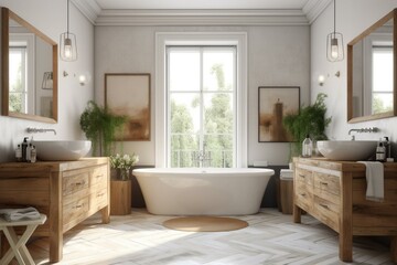 Fototapeta na wymiar White and wooden bathroom with tub and double sink. Generative AI