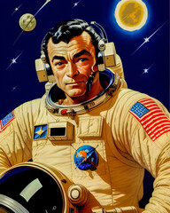 Vintage retro astronaut holding his helmet outer space background. Generative ai science fiction illustration