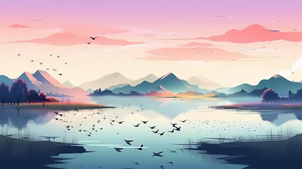 Poster Im Rahmen Chinese landscape map, distant mountains, clear rivers, birds, clouds and fog, wide lake, waterfowl, bright light, made with ai © Enrique