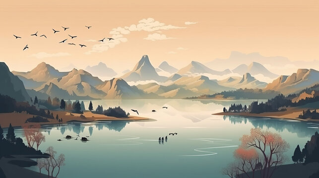 Chinese landscape map, distant mountains, clear rivers, birds, clouds and fog, wide lake, waterfowl, bright light, made with ai © Enrique