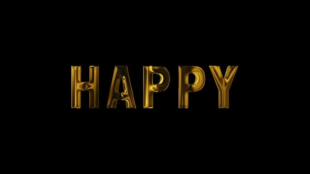 3d happy word golden typography, shiny and metallic light motion text, loop luxury birthday party celebration 4k design element on dark background
