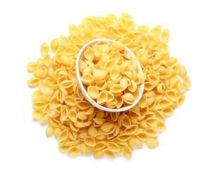 Bowl with raw conchiglie pasta isolated on white background