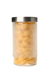 Jar of raw conchiglie pasta isolated on white background