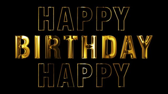 3d luxury golden happy birthday text, shiny and glowing letters on dark screen background, party and celebration	