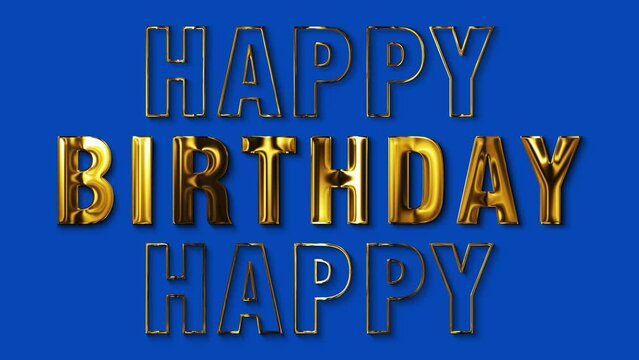 3d luxury golden happy birthday text, shiny and glowing letters on blue screen background, party and celebration 