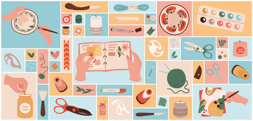 Cartoon supplies and tools for scrapbook, painting, sewing and needlework process, hands in square collage background. Workshop, creative handmade projects and handcraft set vector illustration