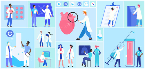 Fototapeta na wymiar Cartoon professional doctors and nurses in uniform work in clinic, research patients diagnosis in laboratory geometric collage background. Hospital team, medical staff set vector illustration