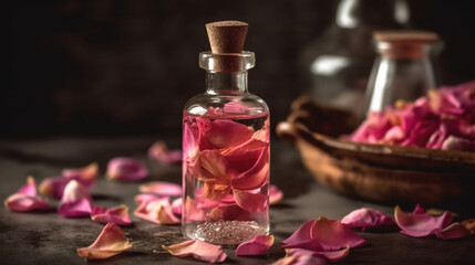 Concept of pure organic essential rose oil. Elixir with plant based floral Pink flowers with candle Generative AI - obrazy, fototapety, plakaty