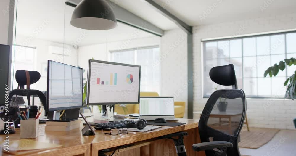 Poster empty modern office with graphs on computer screens and plants in pots on tables