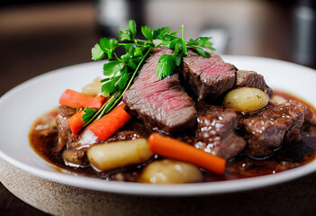 delicious aromatic traditional french dish Beef Bourguignon, generative AI