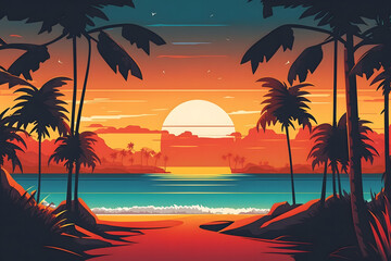 Synthwave neon landscape with palm trees and sunset. Retro style background. Neural network AI generated art