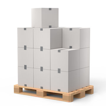 Set of wooden pallet for warehouse cargo storage with cardboard boxes on white