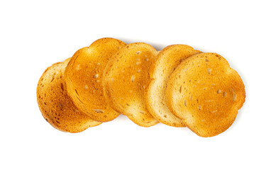 Dry Round Crackers Isolated, Sliced French Baguette Bread, Crunchy Croutons, Bruschetta Crackers, Round Rusks