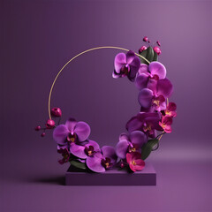 Blooming orchid circle, beautiful lilac flowers with round frame for copy space, generativ ai