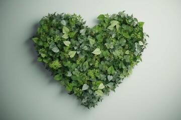 Fototapeta na wymiar Green heart from green leaves composition on a wall. AI Generative. Generative AI