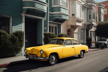 Fototapeta na wymiar Yellow car parked on city street. Generative AI