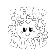 Vector retro groovy heart with self love lettering