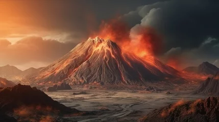 Papier Peint photo Lavable Chocolat brun Volcano eruption landscape with magma. Generative AI