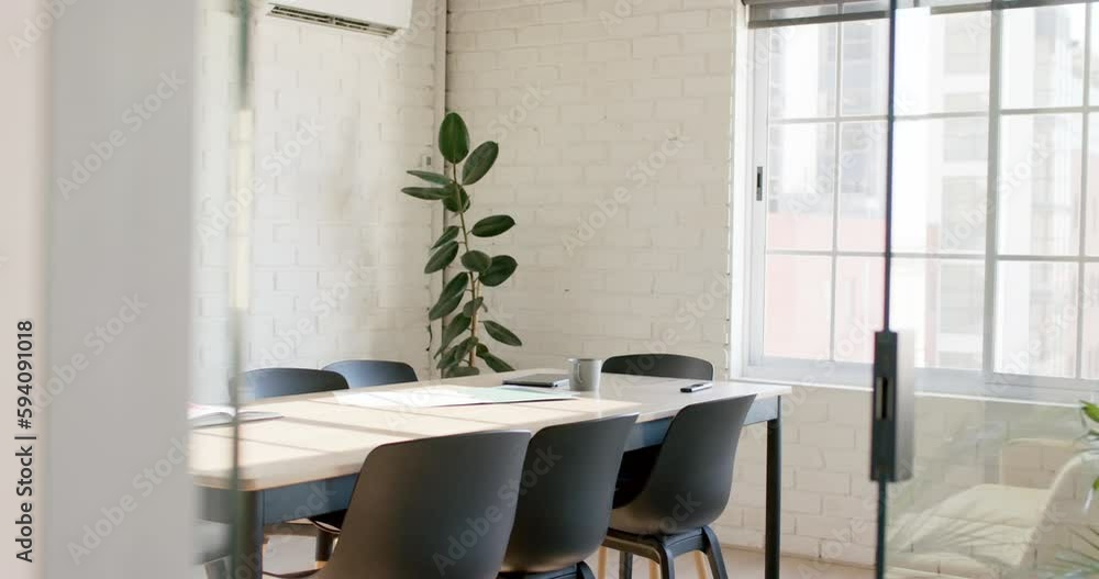 Poster empty modern office with meeting room with multiple projects on table