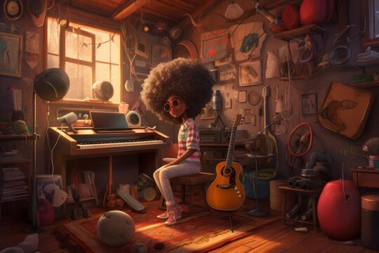 Painting of a Musician Woman Home Studio - AI Generated