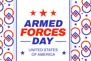Armed forces day of America with colorful stars and patriotic shapes typography. United States of America patriotic day backdrop design