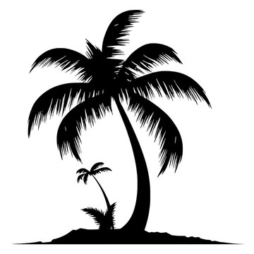 A black and white silhouette of palm trees on a beach.