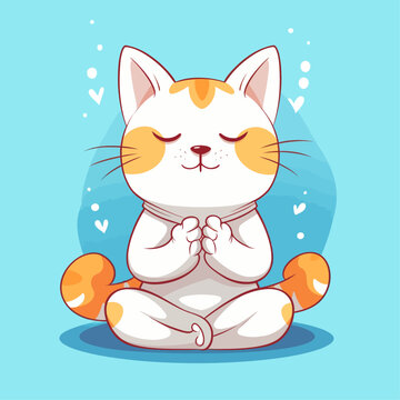 Cartoon funny cat mascot meditating vector illustration character concept animal icon isolated